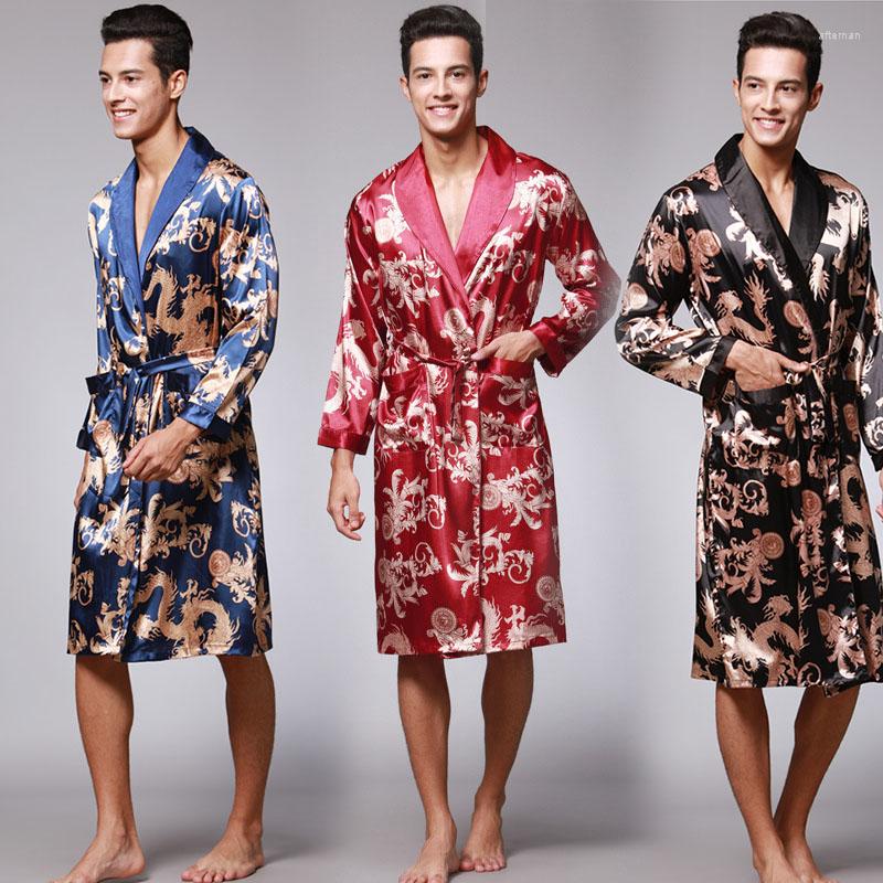 

Men's Sleepwear Men's Long Sleeve Pajamas Nightgown V-Neck Cardigan Yukata Bathrobe Kimono Waist Printed Satin Summer Home Wear Dragon, Color4