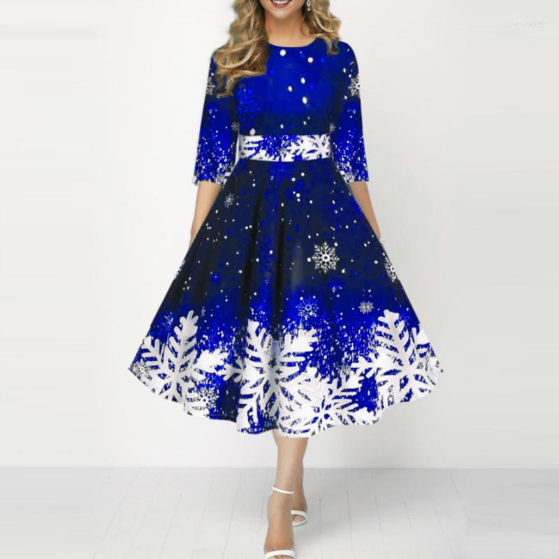

Casual Dresses Snowflake Print For Women O-Neck 3/4 Sleeves Waist Tight High Christmas Robe Ladies Xmas Large Hem A-Line Dress, Purple