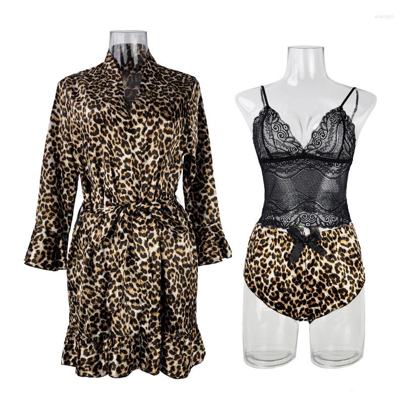 

Women' Sleepwear Summer Pajamas Robe Sets Home Clothes Small Heart Printed Silk Leopard Print Female Bathrobe With Shorts Three Pcs