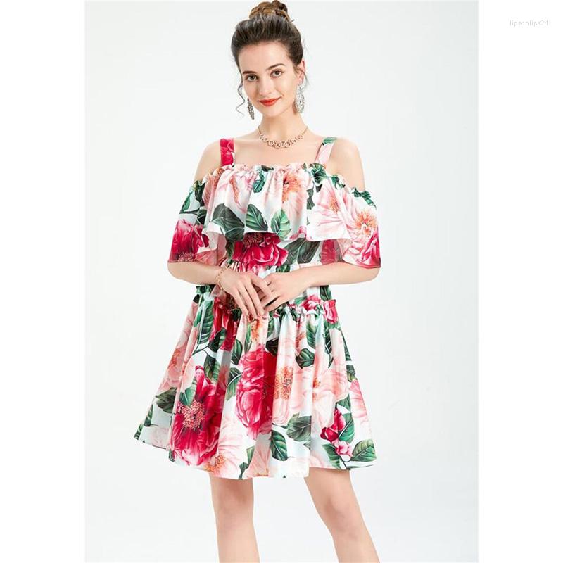 

Casual Dresses Women Dress High Quality Fashion Designer Runway Summer Slash Neck Floral Printed Spaghetti Strap NP1627N, Picture shown