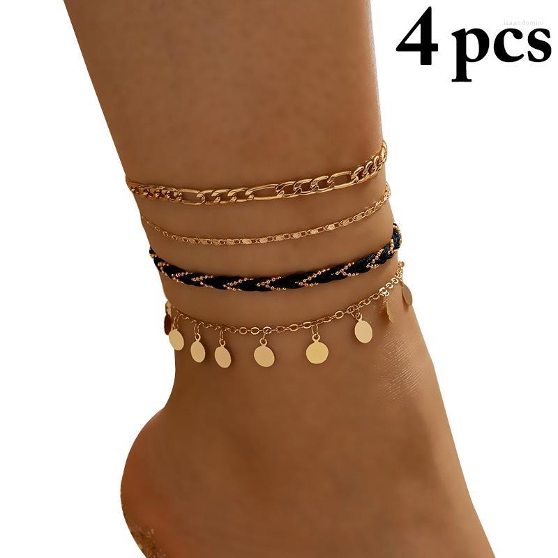 

Anklets 4pcs Bohemian Gold Color Chain Set For Women Girls Fashion Multi-layer Anklet Foot Ankle Bracelet Beach Jewelry