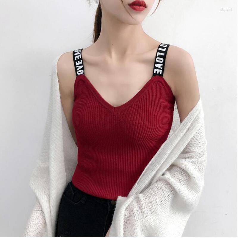 

Women's Tanks Ribbed Knitting Tank Top 2022 Summer Women Sexy V-neck Sleeveless Spaghetti Strap Vest Woman Casual White Corset
