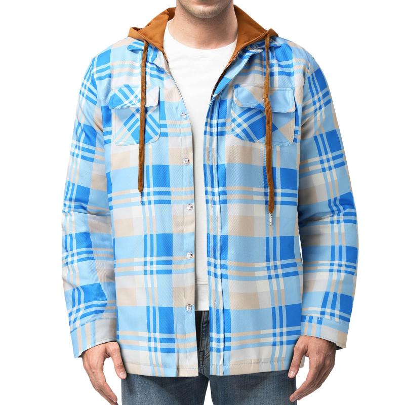 

Men's Jackets Fashion Plaid Shirt Quilted Lined Button Winter Warm Hooded Coat Male Spring Casual Outwear Streetwear, Sky blue
