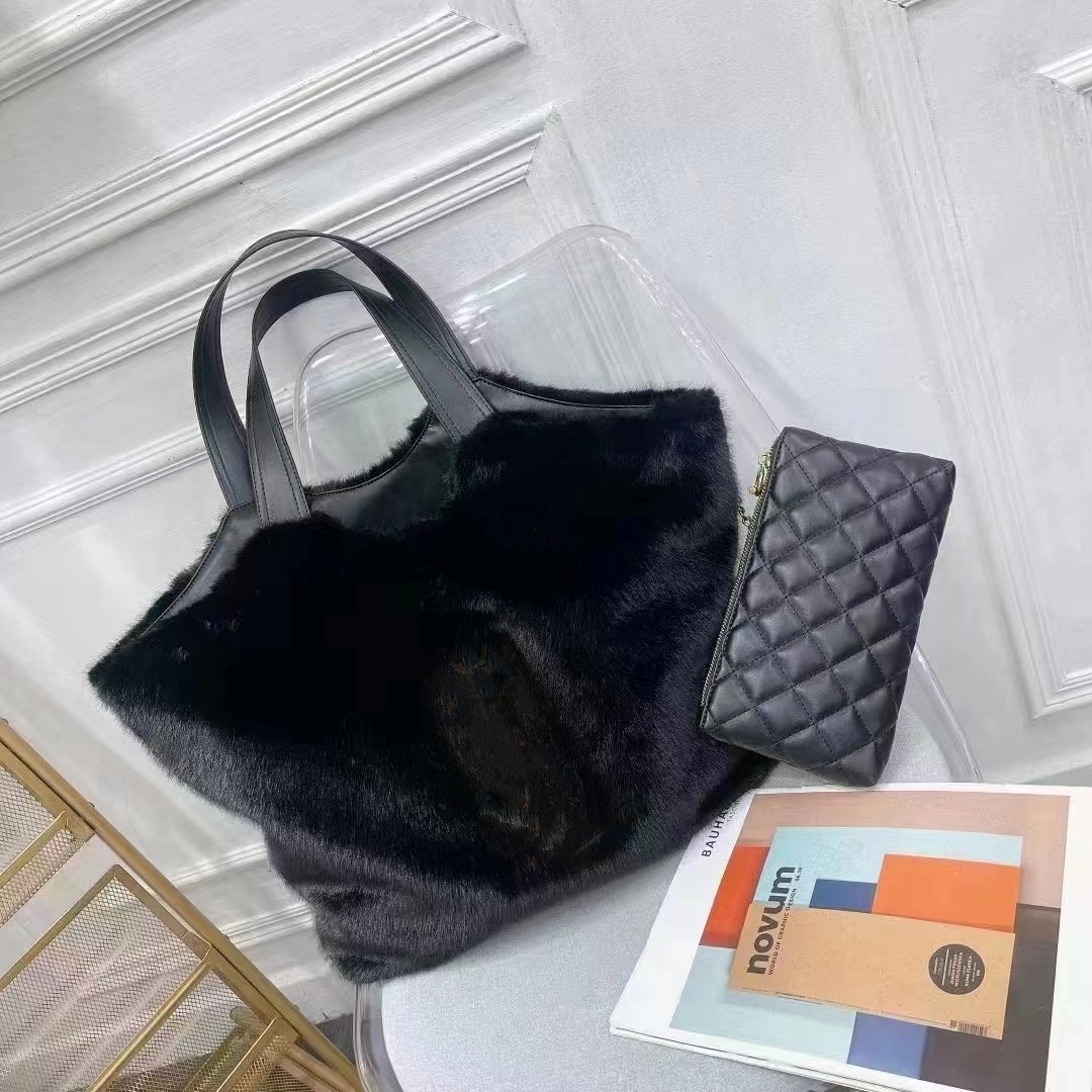 

Winter Mink fur tote bag women luxury handbags large shopping underarm Warm totes bag purses designer woman handbag with chain purse new Leather black shoulder bags