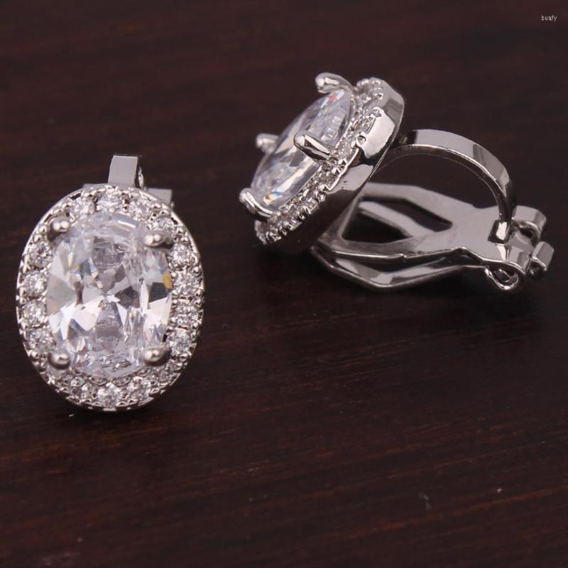 

Backs Earrings GRACE JUN Arrival Cubic Zircon Clip On For Women Bridal Wedding White Gold Color Cuff Oval Round Ear