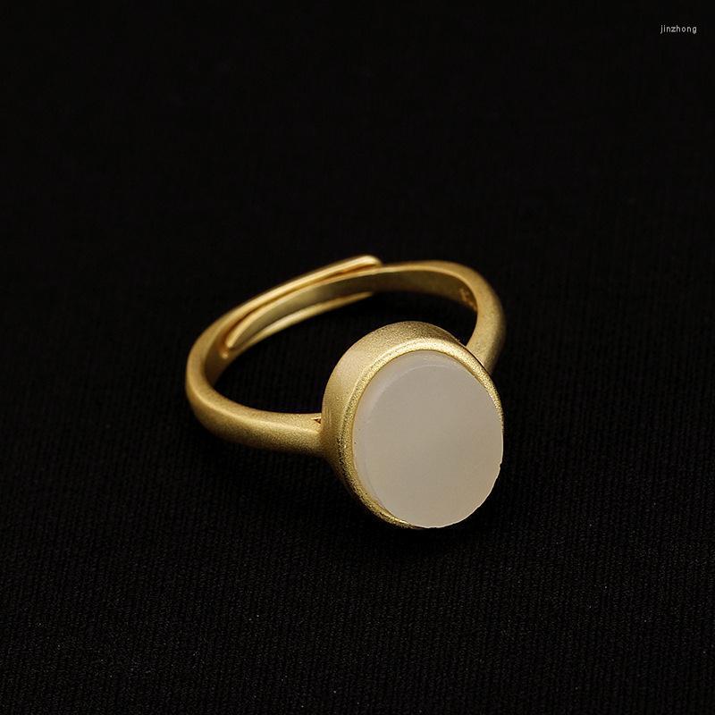 

Cluster Rings Original S925 Sterling Silver Inlaid Golden Matte Hetian Jade White High-End Women's Opening Ring