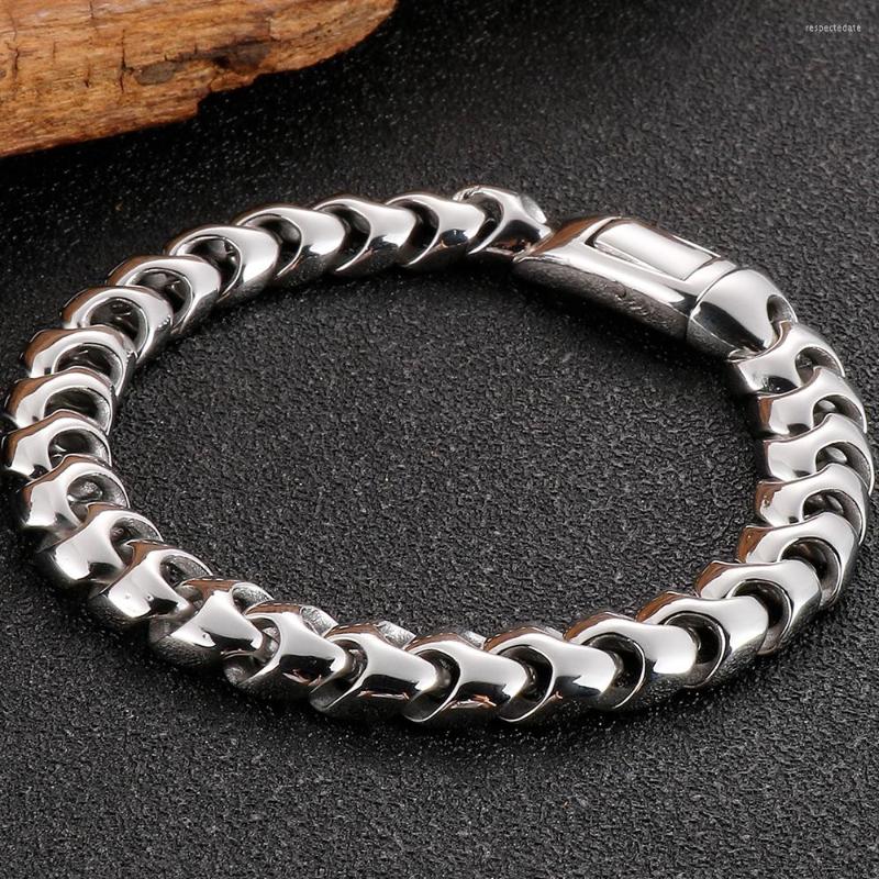 

Link Bracelets 9MM Wide Curb Chain Man Bracelet For Men In Polished Stainless Steel Men's Wrist On Hand Bands Mannen Armband