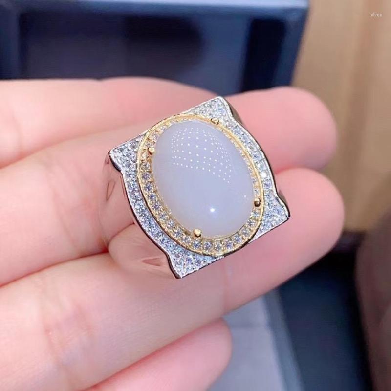

Cluster Rings Real And Natural White Jade Ring Man 925 Sterling Silver 10 14mm Gem For Men Fine Handworked Jewelry