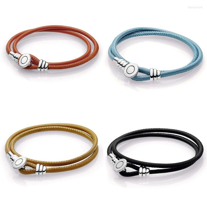 

Charm Bracelets 2022 925 Sterling Silver Spicy Orange Double Leather Bracelet Clear CZ Fit Pan DIY Jewelry