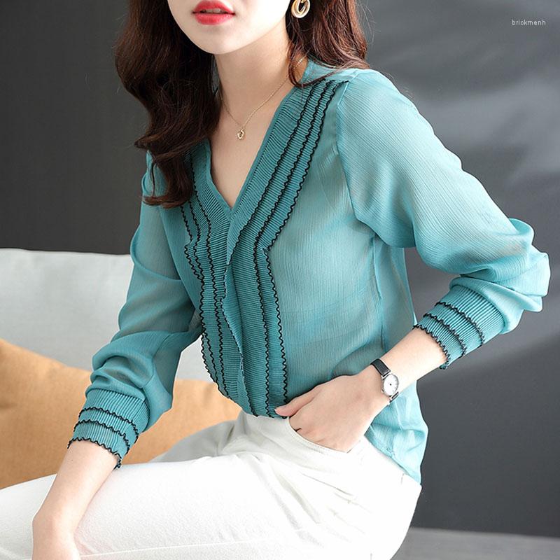 

Women' Blouses Vintage V-neck Slim Chiffon Shirts For Women 2022 Long Sleeve Loose Ruffle Shirt Tops Ladies Casual Elegant Blouse Blusas, Picture