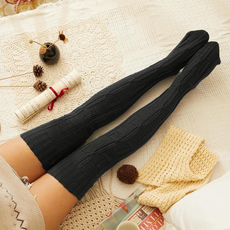 

Women Socks Solid Long Knee Cotton Elastic Winter Warm Wedding Christmas Knitted For Lady Thigh High Over, Black