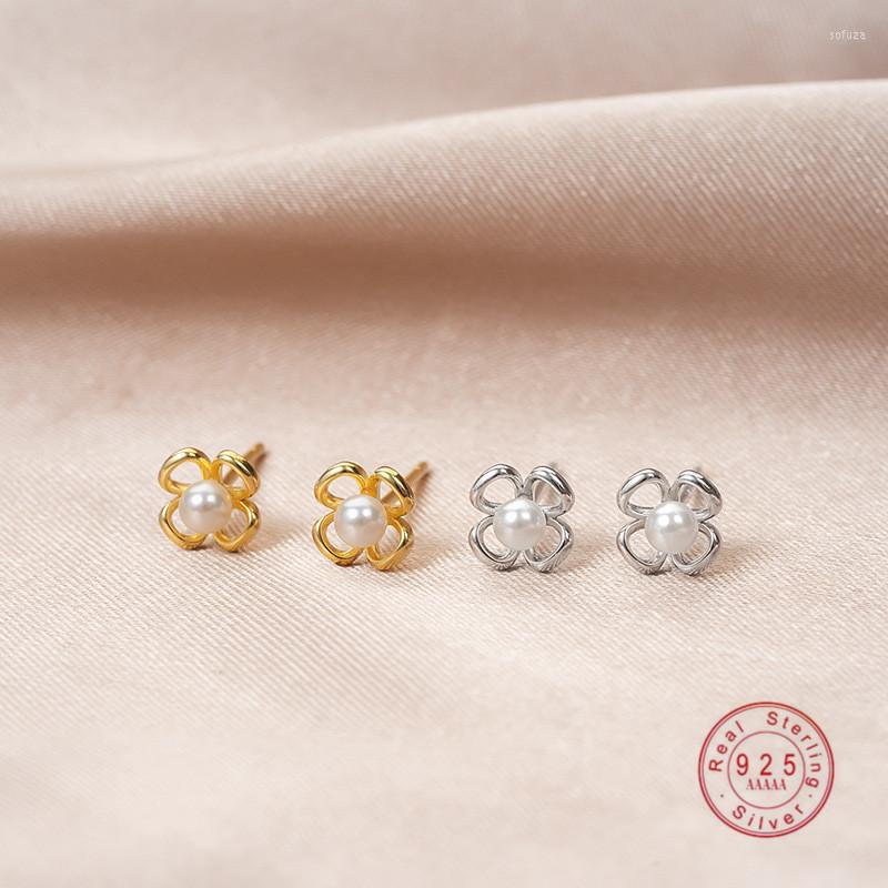 

Stud Earrings Temperament Four Petals Pearl Flower Women 925 Sterling Silver Small Fresh Charm All-Match Jewelry