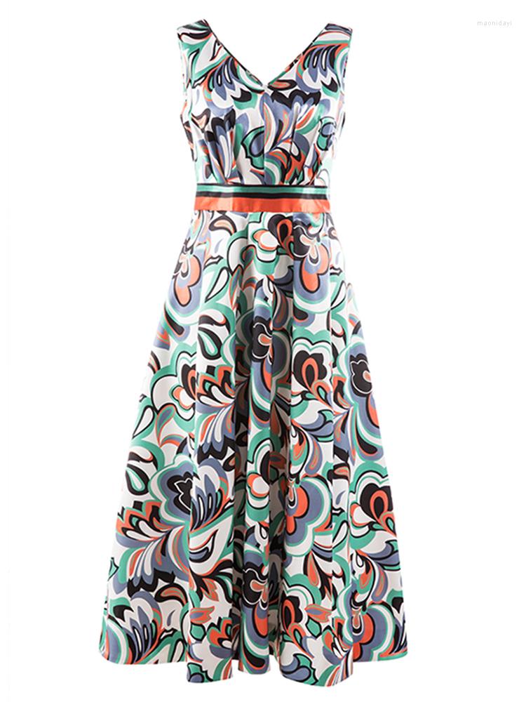 

Casual Dresses Runway 2022 Summer Midi Dress Women Fashion Flower Print Sleeveless High Quality Elegant Ladies Party, Mixed color