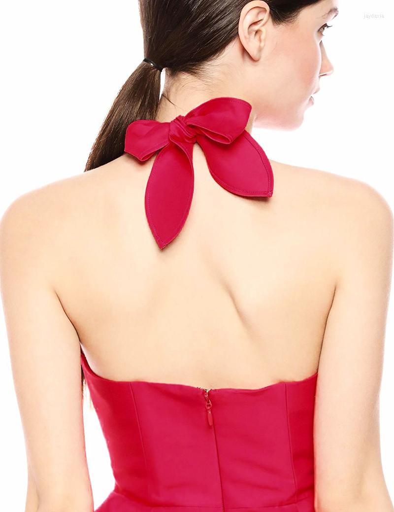 

Casual Dresses Carmine Red Deep-V Neck Structured Ruches Halter Mini Peplum Dress Sleeveless Backless Cotton/Silk Layered Date Party Ball, Picture shown