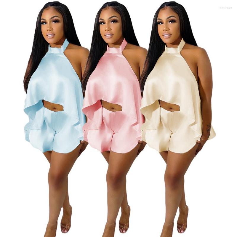 

Women' Tracksuits 2022 Summer Sexy Street Style Women Suit Sleeveless Dew Back Top Elastic Short Pants Pure Color Lady 2 Piece Set, Blue