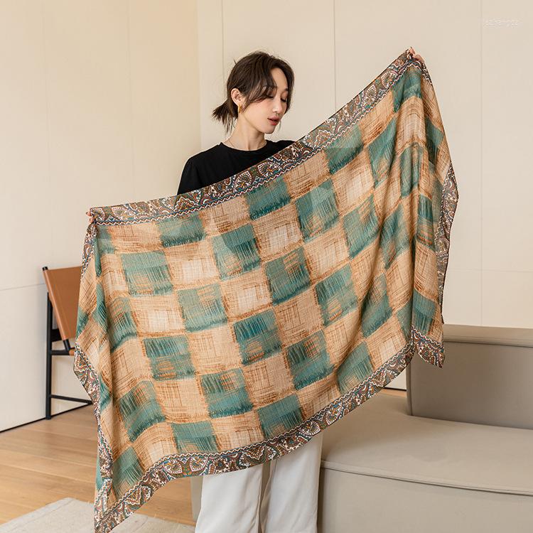 

Scarves Women Ethnic Cotton Linen Scarf Thin Plaid Travel Wraps Bufanda Lady Tassel Pashmina Air Conditioning Shawl Elegant