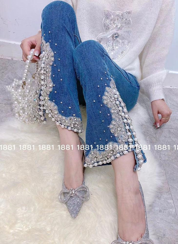 

Women' Jeans 2022 Spring Design Fashion Women' High Waist Slim Sexy Denim Embroidery Rhinestone Flower Beading Patched Pants, Black