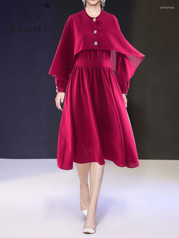 

Casual Dresses SEQINYY Red Midi Dress Summer Spring Fashion Design Women Runway Cloak Buttons Sleeveless A-Line High Street, Picture shown