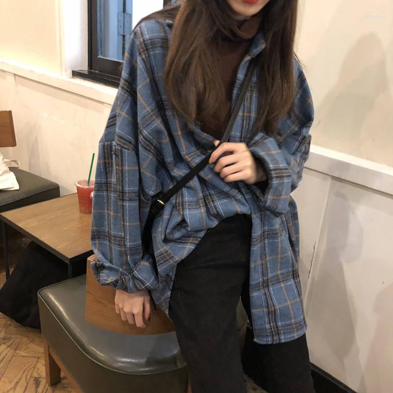 

Women' Polos Women Casual Tops Female Spring Autumn Street Polo Shirts Vintage Oversized Plaid Flannel Boyfriend Tunic Cotton Shirt, Khaki