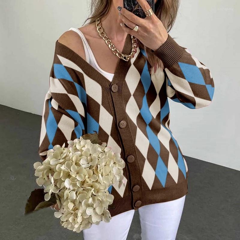 

Women' Knits Women' Knitted Cardigan Oversize Plaid Single-Breasted Buttons Autumn Winter Loose Casual Sweater For Women, Brown