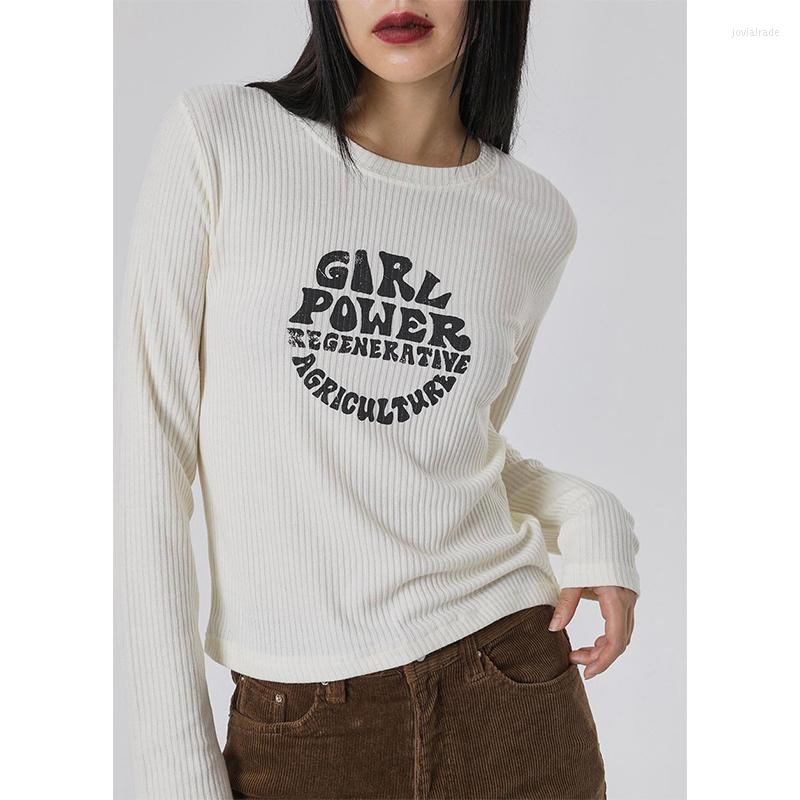 

Women's T Shirts 2022 Autumn For WomenTops Korean Style Letter Retro Screw Thread T-Shirt Knitting Long-sleeved Elastic Tee Shirt, Beige