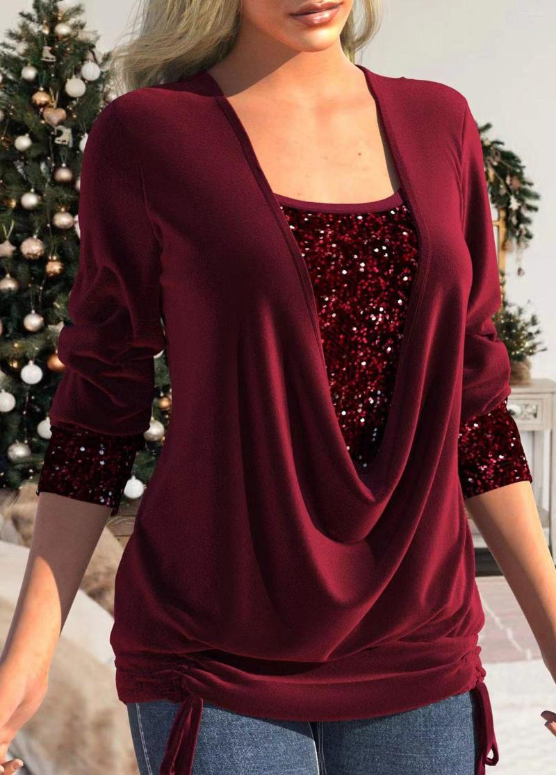

Women' T Shirts 2022 Europe And The United States Fashion Beads Against Net Color Long Sleeve Women' Wear Large Drop Collar Loose Plea, Pink