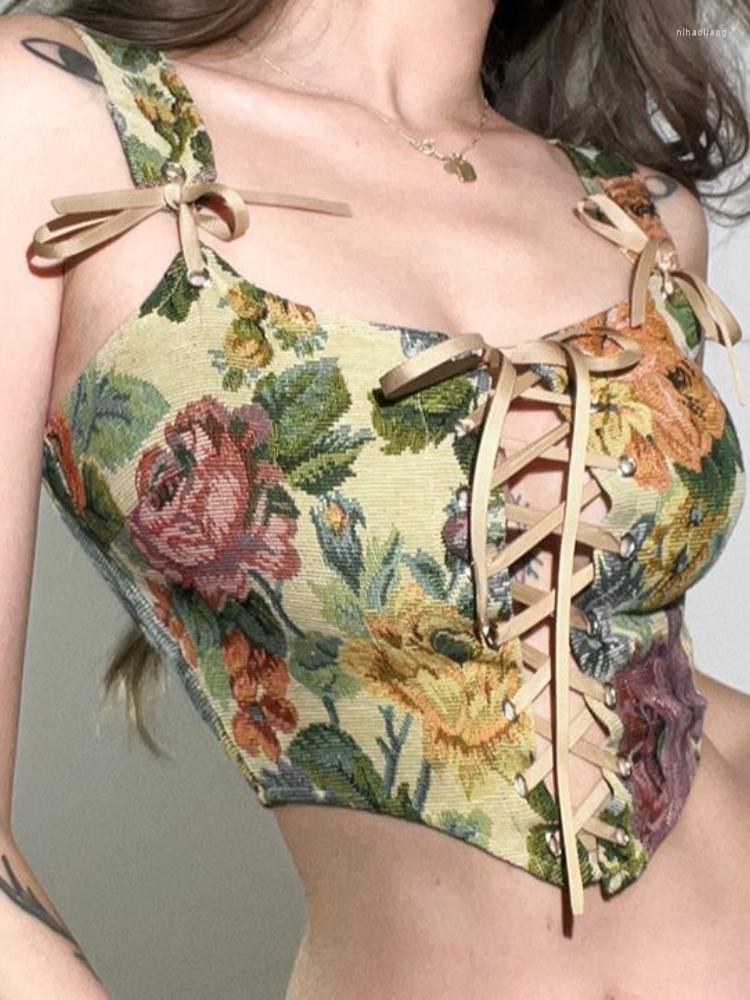 

Women' Tanks European And American Style Oil Painting Print Lace Waist Camisole Women' Irregular Slim Top Crop, Khaki