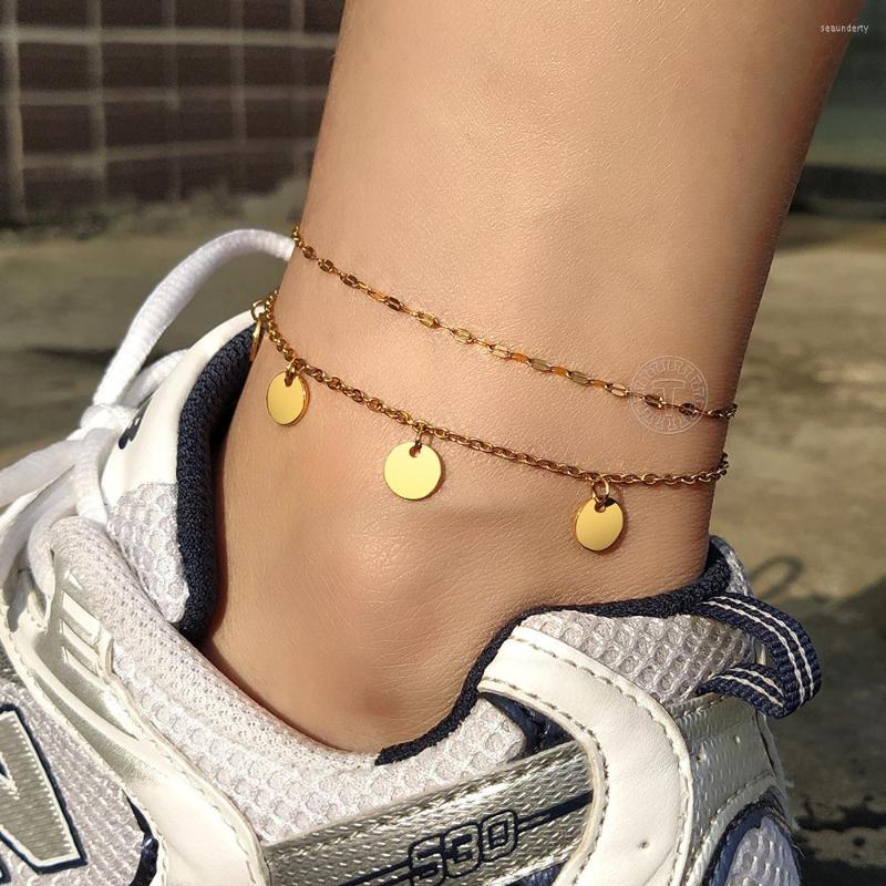 

Anklets Bohemia For Women Stainless Steel Multilayer Foot Chain Medallion Tassel Coin Charm Beach Jewelry Boho Style DA48