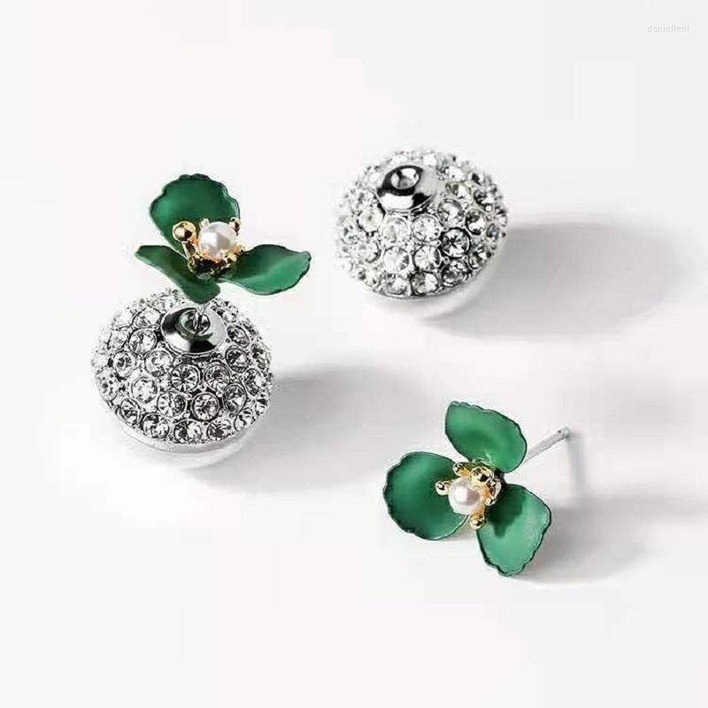 

Stud Earrings 2022 Simple Pure And Fresh Green Flowers With The White Crystal Gift