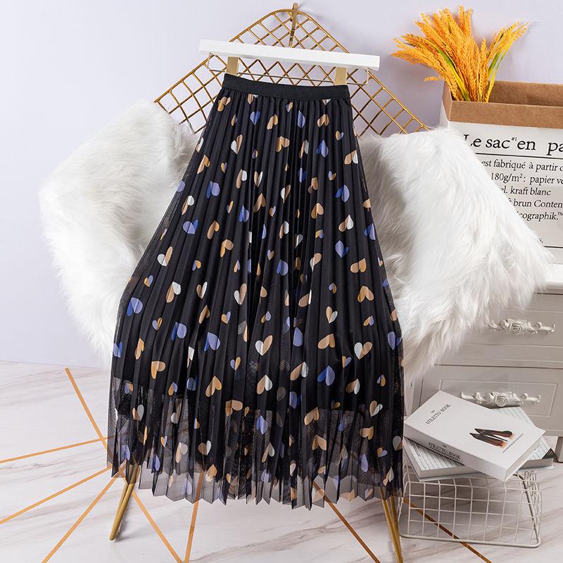

Skirts Summer Mesh Pleated Skirt Women Fashion High Waist Print A Line Long Female Korean Style Harajuku Streetwear Tulle, Black