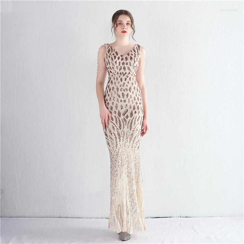 

Casual Dresses Women Elegant Sequin Evening Maxi Dress Sexy V Neck Beaded Mermaid Party Bodycon Long Vestidos, White