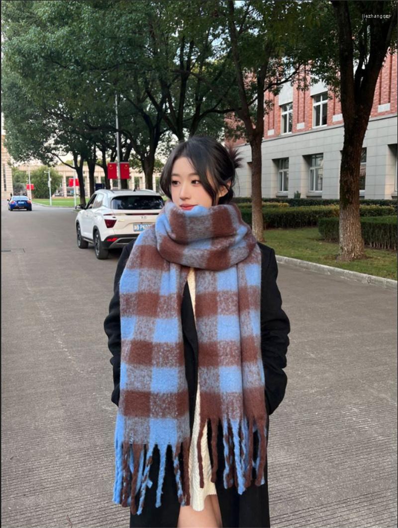 

Scarves Big Check Scarf For Women 2022 Extended Tricolor Shawl Hippocampus Hair Tassel Style