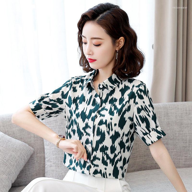 

Women' Blouses Femme Shirts Temperament Leopard Polo-Neck Short Sleeve Women Print Chiffon Stylish Spring Summer Tops Blusesr MM0802, Black