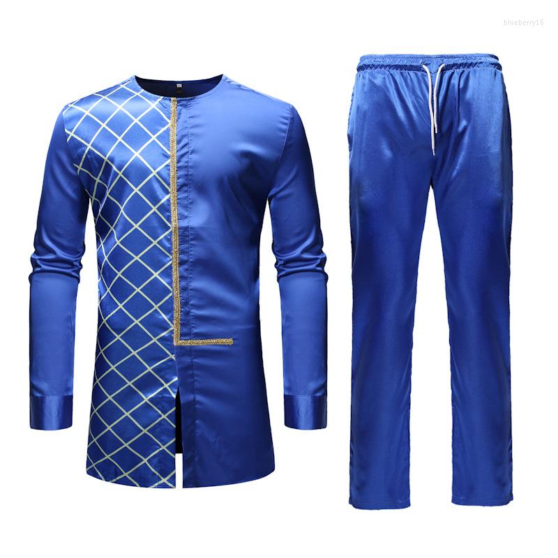 

Ethnic Clothing Mens African Satin Lattice Solid Color Mid-Length Printing Long-Sleeved Sets For Casual Daily Traditional Men