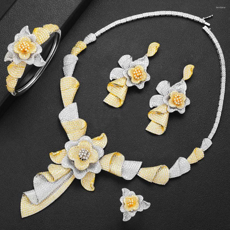 

Necklace Earrings Set Missvikki 4PCS Cubic Zircon CZ African Dubai Bridal Wedding For Women Luxury Statement Flowers, Picture shown