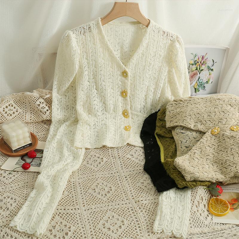 

Women's Polos 2022 Autumn Vintage Thinwomen Top Shirt Temperament Casual V-neck Long Sleeve Single Breasting Cardigan Lace Shirts Female