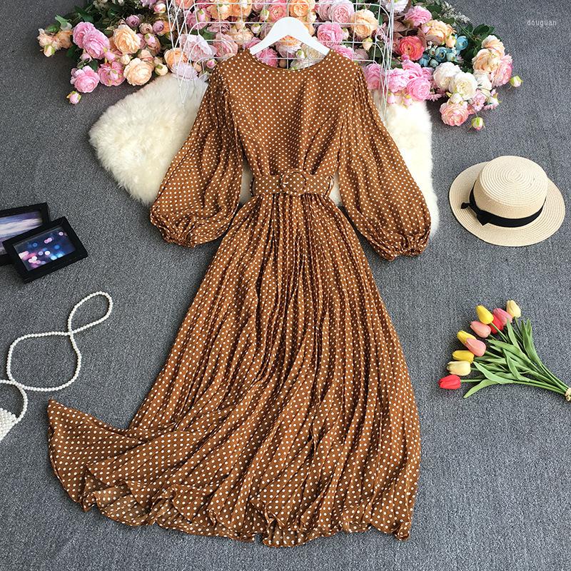 

Casual Dresses Polka Dot Print Pleat Mid-Calf Dress Spring Fall Women Clothing Korean Fashion O Neck Lantern Long Sleeve Chiffon Party, White