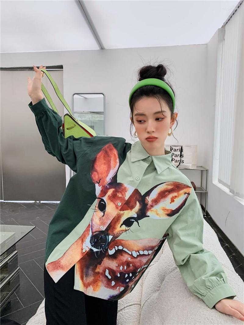 

Women' Blouses ZCSMLL Deer Animal Cotton Oversized Shirt For Women 2022 High Fashion Designer Top Green Button Up Patchowrk Blouse, Picture shown