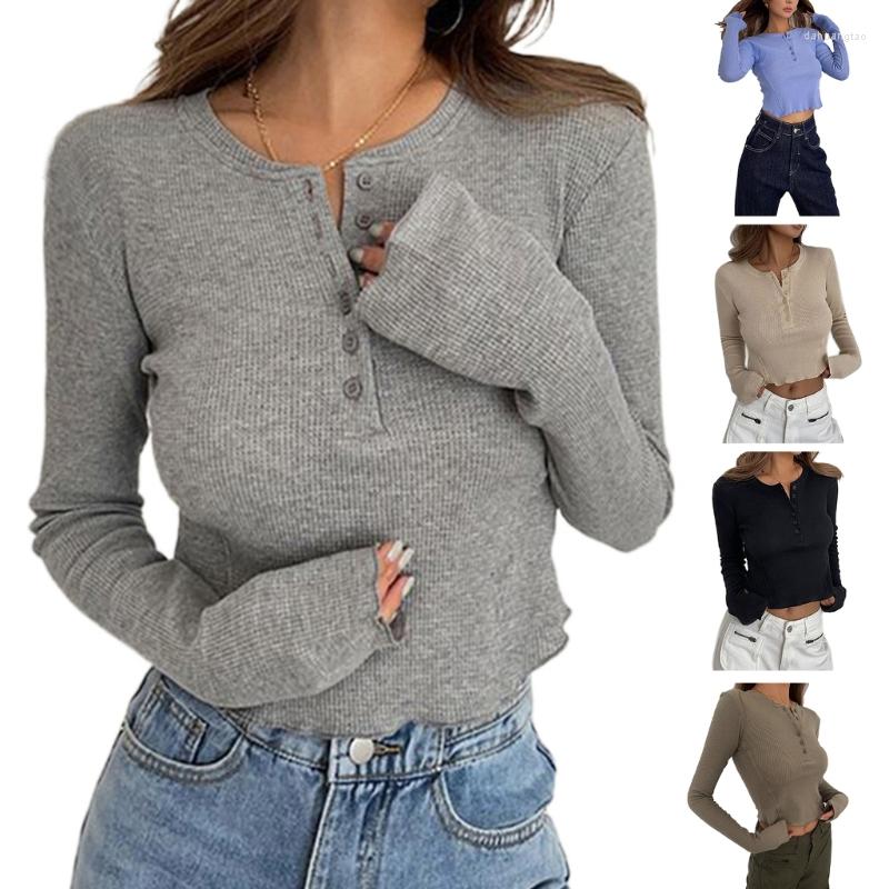 

Women' T Shirts Women Fashion Long Sleeve Pullover Crop Top Knitted Solid Color O-Neck Button Down Lettuce Slim Fitted T-Shirts Blouse P8DB, Black