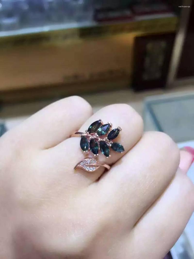 

Cluster Rings Luxurious Leaf Flower Fan Natural Blue Sapphire Ring S925 Silver Gemstone Adjustable Size Women Party Gift Jewelry