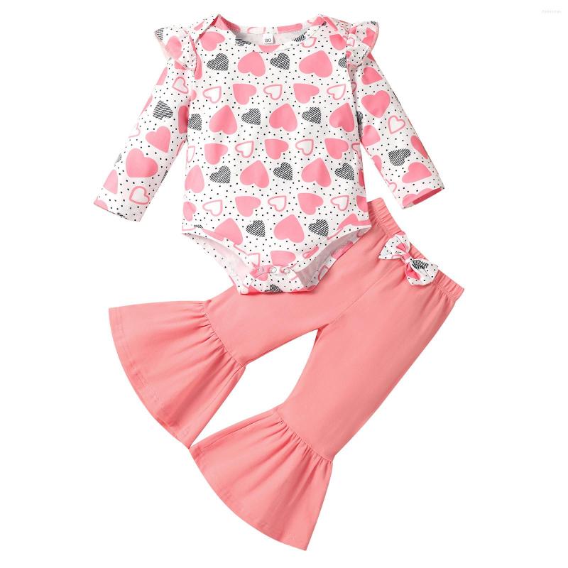 

Clothing Sets Infant Baby Girls Romper Pant Suit Valentine's Day Heart Printed Bodysuit Cute Soft Flared Children For, Pink
