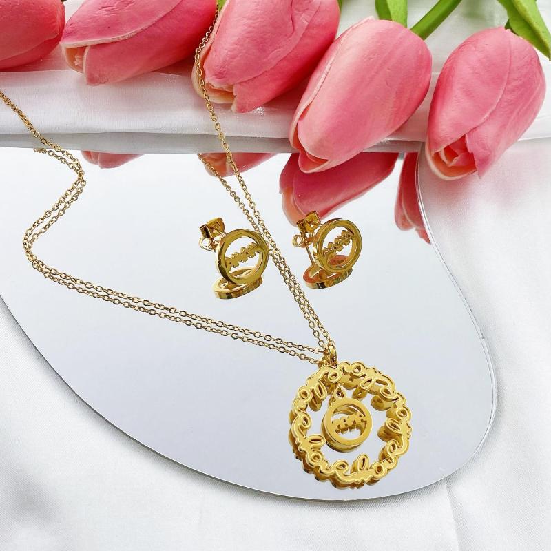 

Necklace Earrings Set Mothers Day Dainty Letter Charm Pendant Stainless Steel Jewelry Plated 18k Gold Mom Mama, Picture shown
