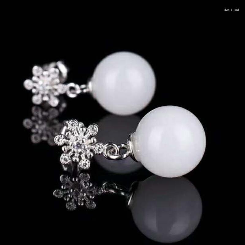 

Dangle Earrings Wedding Drop Real 925 Sterling Silver Ear Pin Natural Round Jade Handmade Fine Jewely For Women