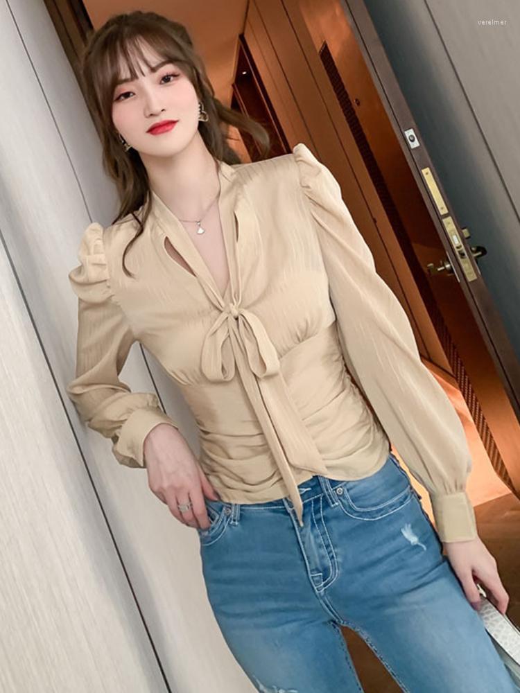 

Women' Blouses Spring Women' Blouse Casual Basic Elegant Khaki Chiffon V-neck Bow Puff Sleeve Single Breasted Shirt Office Street Tops