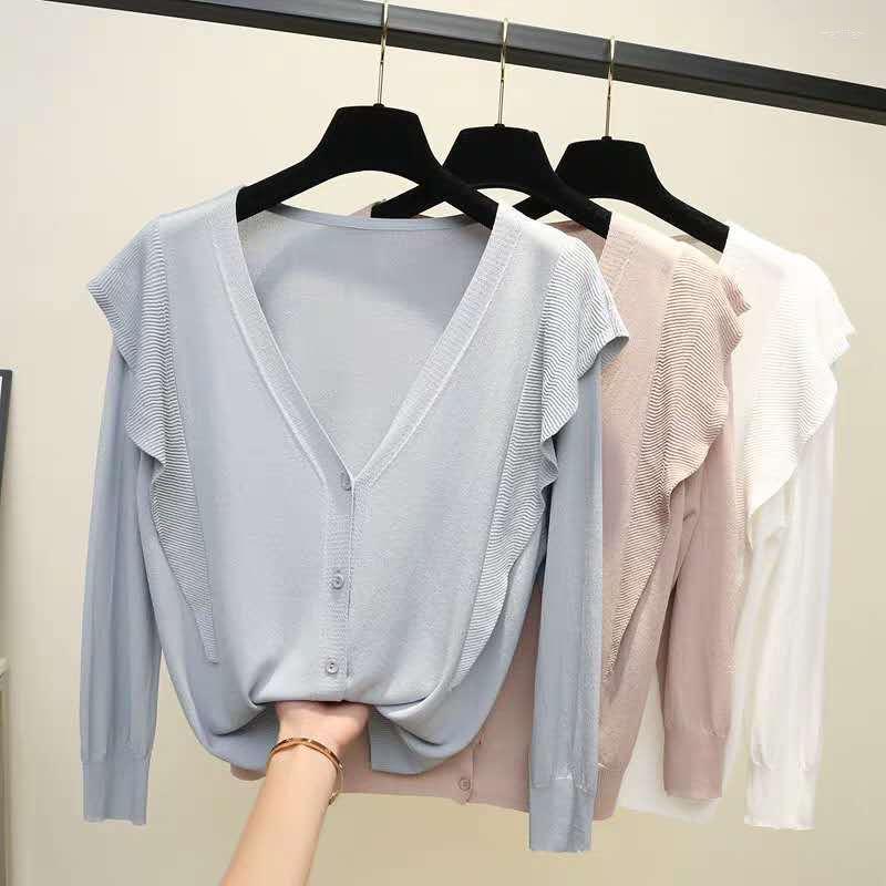 

Women's Knits Ruffles Cardigan Sweater For Fall Three Quarter Sleeve Knitted Autumn V-Neck Short Sweaters Solid Ladies 2022, Black