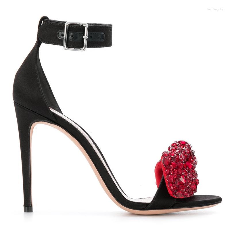 

Sandals Summer Rhinestone Bowtie Open Toe Silk Ankle Strap Bling Crystal Wedding High Heels Celebrity Party Sandalias, Red black 8 cm
