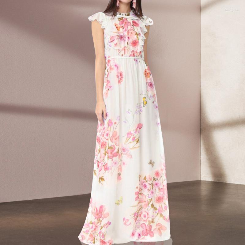 

Casual Dresses Pink Floral Printed Long For Women 2022 Summer Elegant Ruffles Chiffon Pleated Maxi Dress Runway Designers Vestidos, Mixed