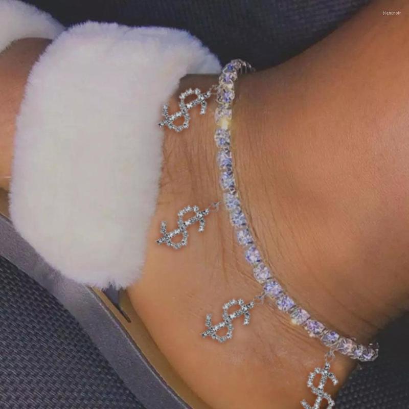 

Anklets Caraquet Bling Rhinestone Dollar Sign For Women Gold Silver Color Crystal Tennis Chain Foot Bracelet Trendy Beach Bijoux