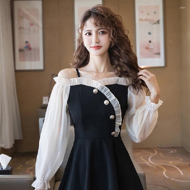 

Casual Dresses Korean Temperament Slash Neck Women Black Dress 2022 Chiffon Stitching Wood Ear Collar Sweet Mini Skirt, White
