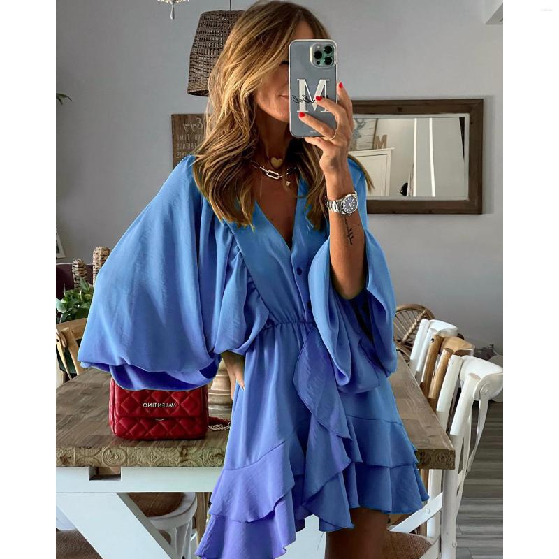 

Casual Dresses 2022 Spring/Summer Fashion V Neck Lantern Sleeve Dress Women Boho Black Loose A-Line Robe Ruffled Mini, Blue